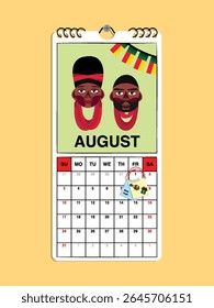 Benin Independence Day reminder on August 1st in a wall calendar with illustrative people wearing the nation's traditional attire.