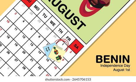 Benin Independence Day reminder on August 1st in a wall calendar with illustrative people wearing the nation's traditional attire.
