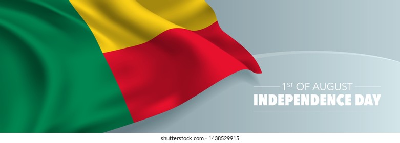 Benin independence day vector banner, greeting card. Wavy flag in 1st of August national patriotic holiday horizontal design 