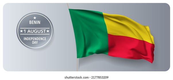 Benin independence day vector banner, greeting card. Beninian wavy flag in 1st of August national patriotic holiday horizontal design