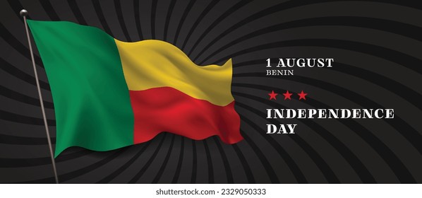 Banner vectorial del día de la independencia de Benín, tarjeta de saludo. Bandera ondulada beninesa en el diseño horizontal del feriado patriótico nacional del 1 de agosto