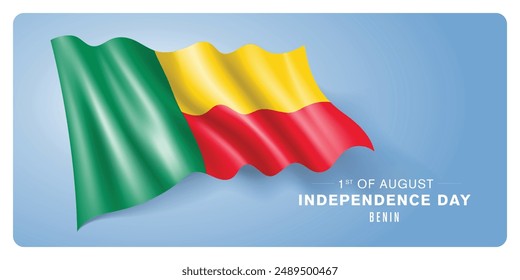 Benín Día de la Independencia Anuncio de Vector, tarjeta de felicitación. Bandera ondulada beninesa en el 1 de agosto diseño Horizontal de vacaciones patrióticas con bandera realista
