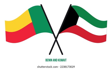 Benin und Kuwait Fahnen überquert und wehend Flat Style. Offizieller Anteil. Korrigieren Sie Farben.