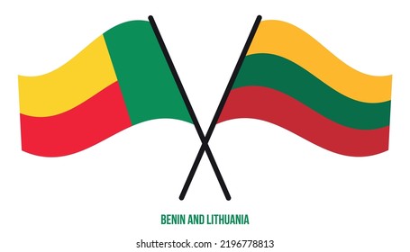 Benin and Lithuania Flags Crossed And Waving Flat Style. Official Proportion. Correct Colors.