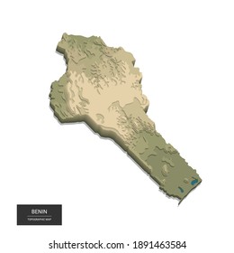 Benin map - 3D digital high-altitude topographic map. 3D vector illustration. Colored relief, rugged terrain. Cartography and topology.