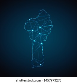 Benin Map - Abstract geometric mesh polygonal network line, structure and point scales on dark background with lights in the form of cities. Vector illustration eps 10.