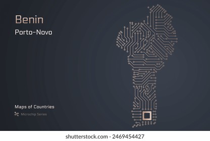 Benin Map with a capital of Porto-Novo Shown in a Microchip Pattern. E-government. World Countries vector maps. Microchip Series