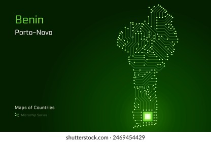 Benin Map with a capital of Porto-Novo Shown in a Microchip Pattern. E-government. World Countries vector maps. Microchip Series