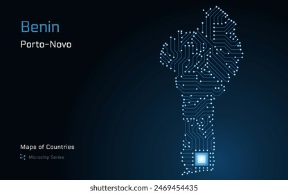 Benin Map with a capital of Porto-Novo Shown in a Microchip Pattern. E-government. World Countries vector maps. Microchip Series