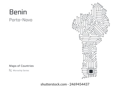 Benin Map with a capital of Porto-Novo Shown in a Microchip Pattern. E-government. World Countries vector maps. Microchip Series