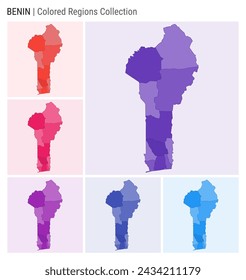 Benin map collection. Country shape with colored regions. Deep Purple, Red, Pink, Purple, Indigo, Blue color palettes. Border of Benin with provinces for your infographic. Vector illustration.