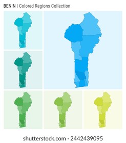 Benin map collection. Country shape with colored regions. Light Blue, Cyan, Teal, Green, Light Green, Lime color palettes. Border of Benin with provinces for your infographic. Vector illustration.