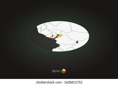 Benin map in dark color, oval map with neighboring countries. Vector map and flag of Benin
