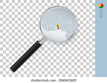 Benin map with flag in magnifying glass on transparent background. Vector loupe with map.