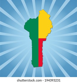 Bandera del mapa de Benín en la ilustración de la explosión solar azul
