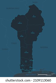 Benin map. High detailed map of Benin with countries, borders, cities, water objects. Vector illustration eps10