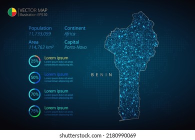 Benin map infographics vector template with abstract geometric mesh polygonal light concept on blue background. Template for diagram, graph, presentation and chart.