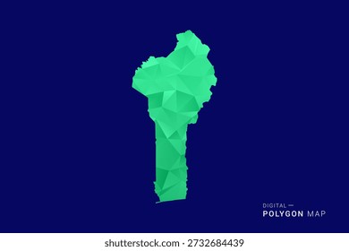 Mapa de Benín - Vector de bajo polígono polivinílico, silueta triangulada geométrica en tonos verdes y azules, estilo moderno limpio, fondo aislado para uso infográfico.