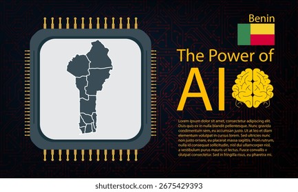 benin Karte mit Mikrochip Krieg und AI Konzept auf Platine, Power of AI mit Landkarte. Globale Konnektivität mit Big Data. Design für UI Hintergründe oder FinTech Projekte.