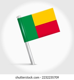 Benin map pin flag icon. Dahomey pennant map marker on a metal needle. 3D realistic vector illustration.
