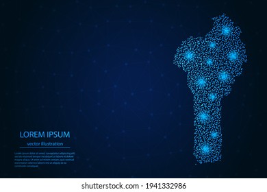 Benin map from point blue and glowing stars on a dark background. Vector eps 10.