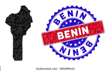 Benin map polygonal mesh with filled triangles, and rough bicolor rubber seal. Triangle mosaic Benin map with mesh vector model, triangles have variable sizes, and positions, and color tinges.