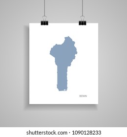 Benin map poster.  Blue vector map on piece of paper with paper clip, on a gray background. 