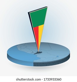 Benin Karte im runden isometrischen Stil mit dreieckiger 3D-Flagge von Benin, Vektorkarte in blau Farbe. 