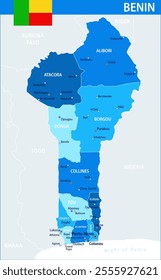 Benin Map Vector Blue Spot - Customizable layered political map of Benin with administrative divisions for website, education, reports, news, politics, print, poster and wallpaper