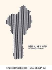 Padrão De Meio-Tom Hexagonal Do Vetor Do Mapa Do Benin Isolar No Plano De Fundo Claro. Textura hexadecimal em forma de mapa do Benim. Mapa do Contorno Tecnológico Moderno do Benim para Projetos de Design ou Negócios