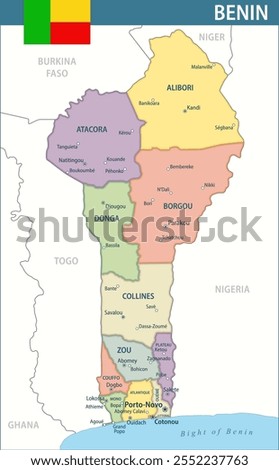 Benin Map Vector New 2024 Colorful - Customizable layered political map of Benin with administrative divisions for website, education, reports, news, politics, print, poster and wallpaper