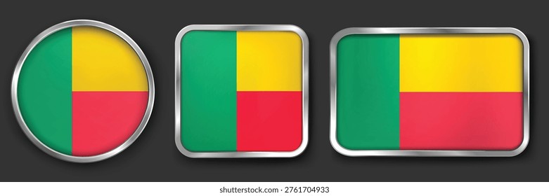 BENIN Metallic Flag Collection, Circular, Square and Rectangular BENIN Flag Badges Set