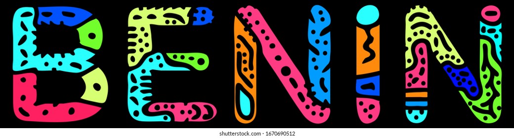 Benin. Multicolored bright contrast isolate inscription. Colored curves doodle letters. Benin for print on clothing, t-shirt, souvenir, booklet, banner, flyer, cards, satchel. Stock vector picture.