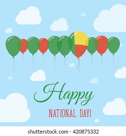 Benin National Day Flat Patriotic Poster. Row of Balloons in Colors of the Beninese flag. Happy National Day Benin Card with Flags, Balloons, Clouds and Sky.