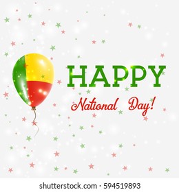 Benin National Day patriotic poster. Flying Rubber Balloon in Colors of the Beninese Flag. Benin National Day background with Balloon, Confetti, Stars, Bokeh and Sparkles.