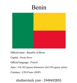 Benin national flag, country's official name, country area size, official language, capital and currency.