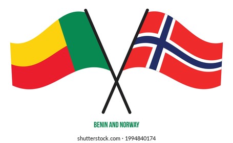 Benin and Norway Flags Crossed And Waving Flat Style. Official Proportion. Correct Colors.