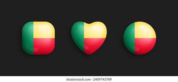 Benin Official National Flag 3D Vector Glossy Icons In Rounded Square, Heart And Circle Form Isolated On Background. Beninese Sign And Symbols Graphic Design Elements Volumetric Buttons Collection