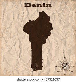 Benin old map with grunge and crumpled paper. Vector illustration