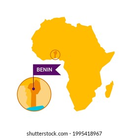 Benin on an Africa s map with word Benin on a flag-shaped marker. Vector isolated on white background.
