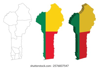 Benin outline, fill with flag and 3d map