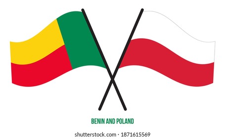 Benin and Poland Flags Crossed And Waving Flat Style. Official Proportion. Correct Colors.