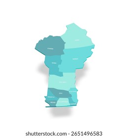 Mapa político de Benin de divisões administrativas - departamentos. Mapa de vetor turquesa 3D com rótulos de nome.