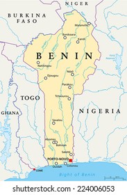 Benin Political Map with capital Porto-Novo, national borders, most important cities, rivers and lakes. English labeling and scaling.