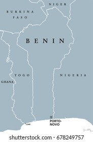 Benin political map with capital Porto-Novo. Formerly Dahomey,a  republic and country in West Africa on the Gulf of Guinea. Gray illustration isolated on white background. English labeling. Vector.