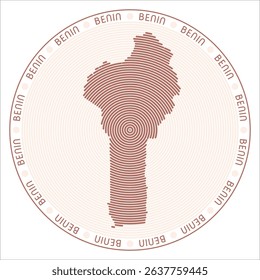 Benin round logo design. Country shape built of rings. Benin text around the country. Vector illustration.