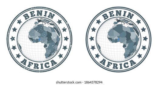 Benin round logos. Circular badges of the country with a map of Benin in a world context. Plain and textured country stamps. Vector illustration.