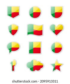 Benin - set of country flags in the form of stickers of various shapes. Vector illustration