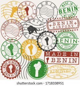 Benin Set of Stamps. Travel Passport Stamps. Made In Product Design Seals in Old Style Insignia. Icon Clip Art Vector Collection.