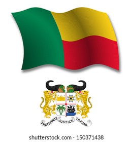 benin shadowed textured wavy flag and coat of arms against white background, vector art illustration, image contains transparency transparency